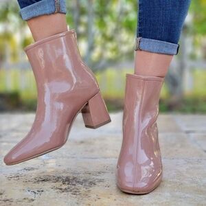 Stylish Women's Camel Patent Ankle Booties Square Toe Back Zipper